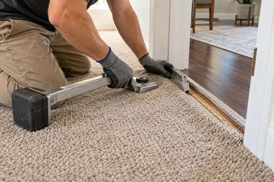 Technician reattaching loose carpet to the tack strip at a doorway