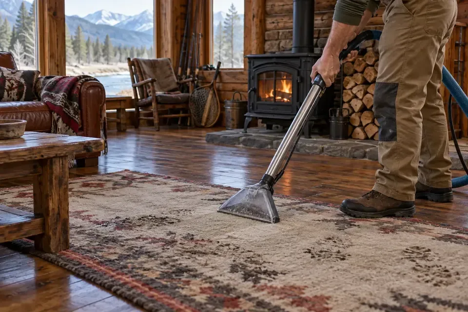 Technician cleaning a muddy area rug in a Rock Creek cabin near Clinton Montana