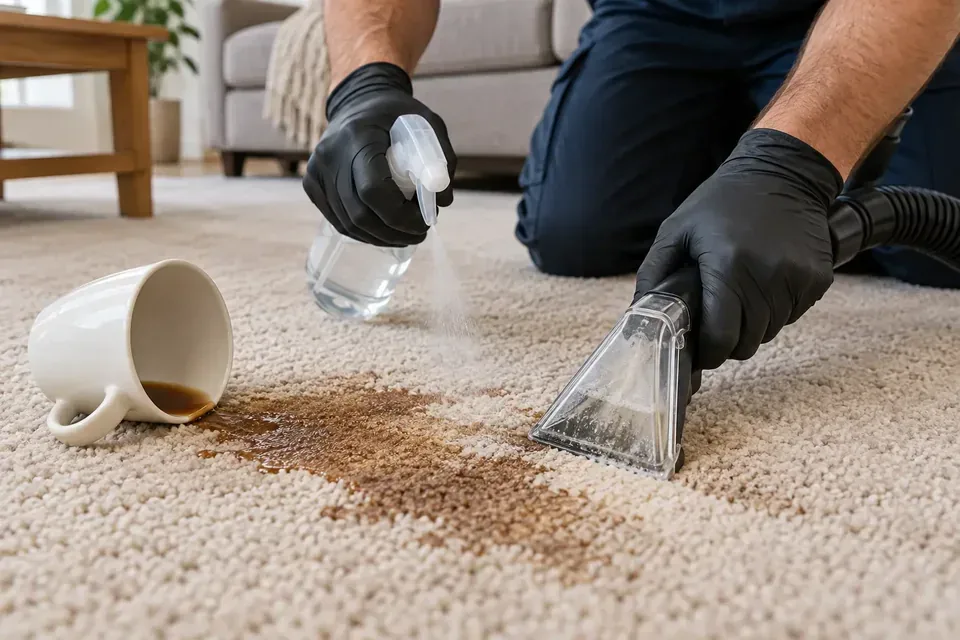 Technician treating and extracting a coffee stain from carpet in Missoula
