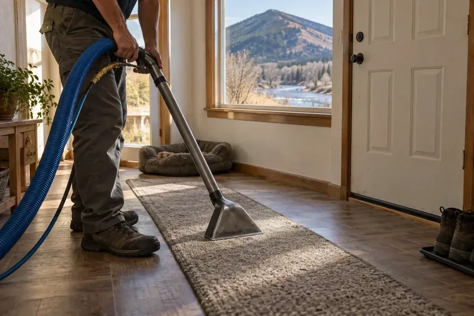 Technician cleaning a dusty entry runner in an East Missoula home below Mount Jumbo