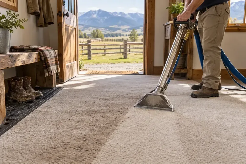 Technician cleaning dusty farmhouse carpet in Florence Montana