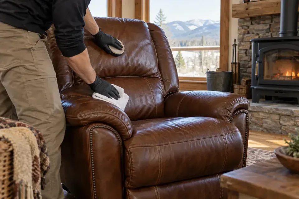 Technician hand-cleaning a brown leather recliner in a Missoula home