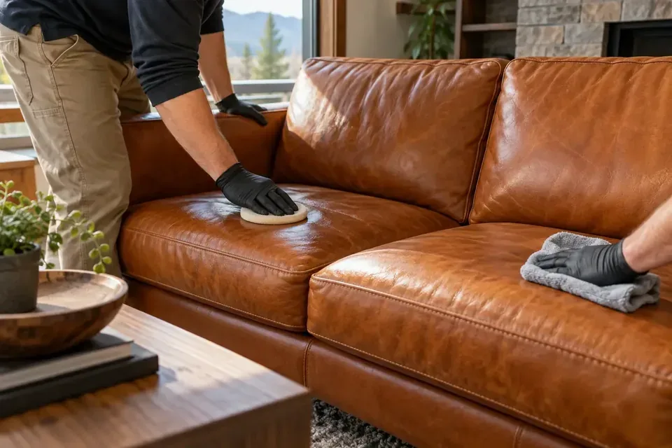 Technician conditioning and buffing a cognac leather sofa