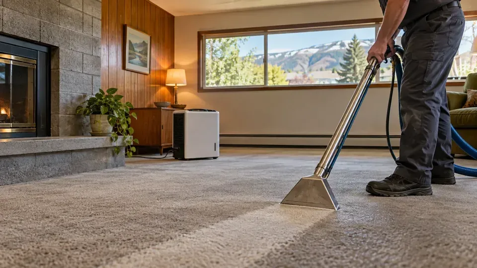 Technician cleaning carpet in a midcentury Lewis and Clark neighborhood basement