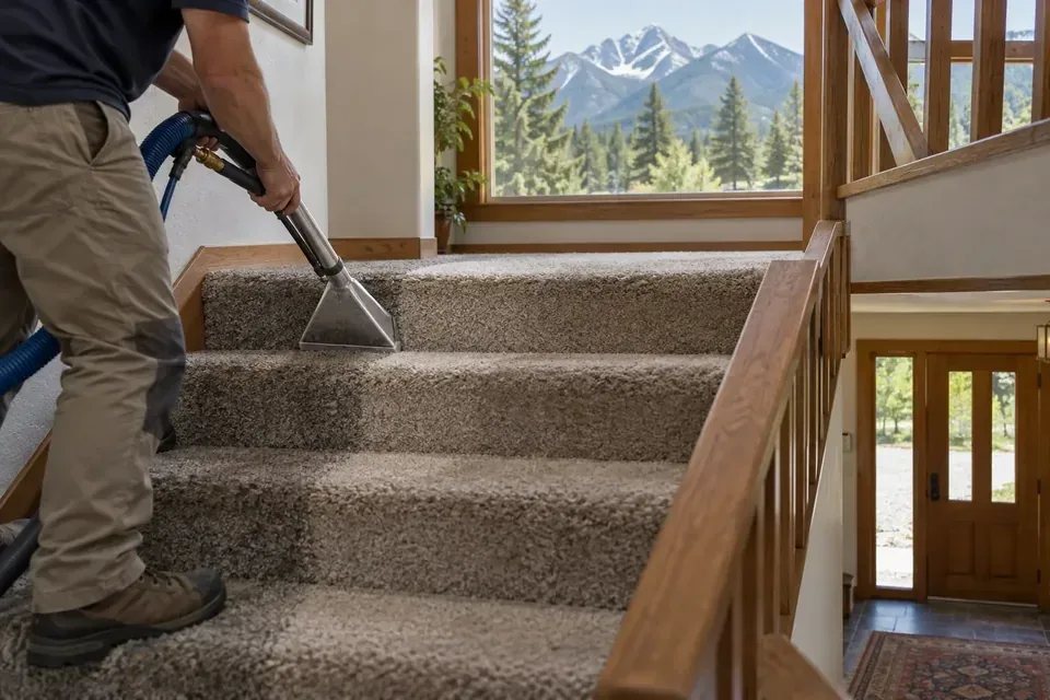 Technician cleaning carpeted split-level stairs in a Lolo Montana home