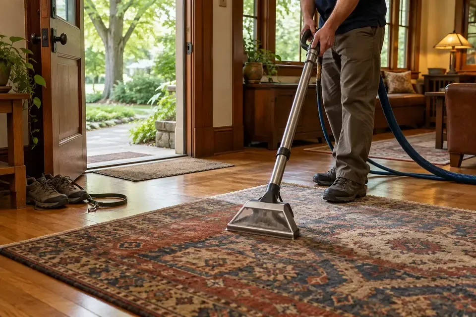 Technician removing trail grit from a wool rug in a Lower Rattlesnake bungalow
