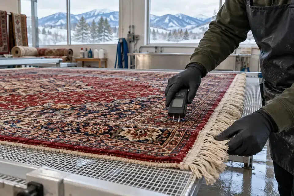 Technician checking moisture in a cleaned Oriental rug on a breathable drying rack
