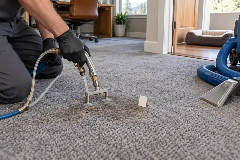Technician applying enzyme treatment below carpet fibers to reach pet urine in the pad