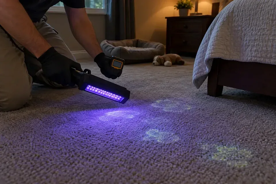 Technician using ultraviolet light to locate hidden pet urine spots in carpet