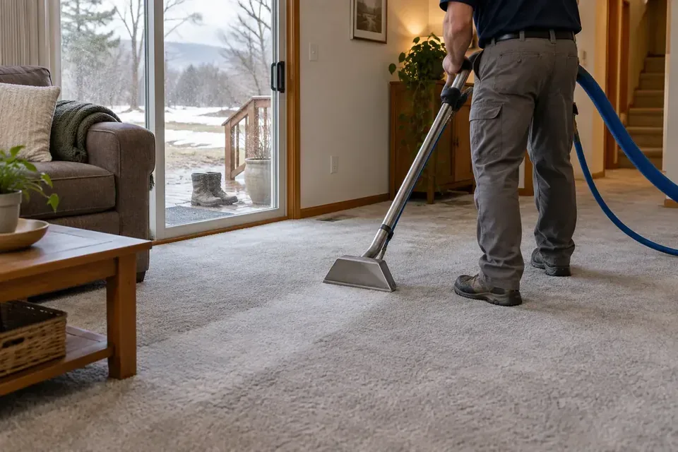 Technician cleaning a spring traffic lane in a Missoula family room