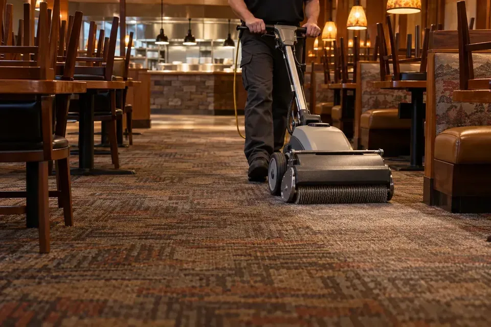 Low-moisture commercial carpet cleaning in a Missoula restaurant after closing
