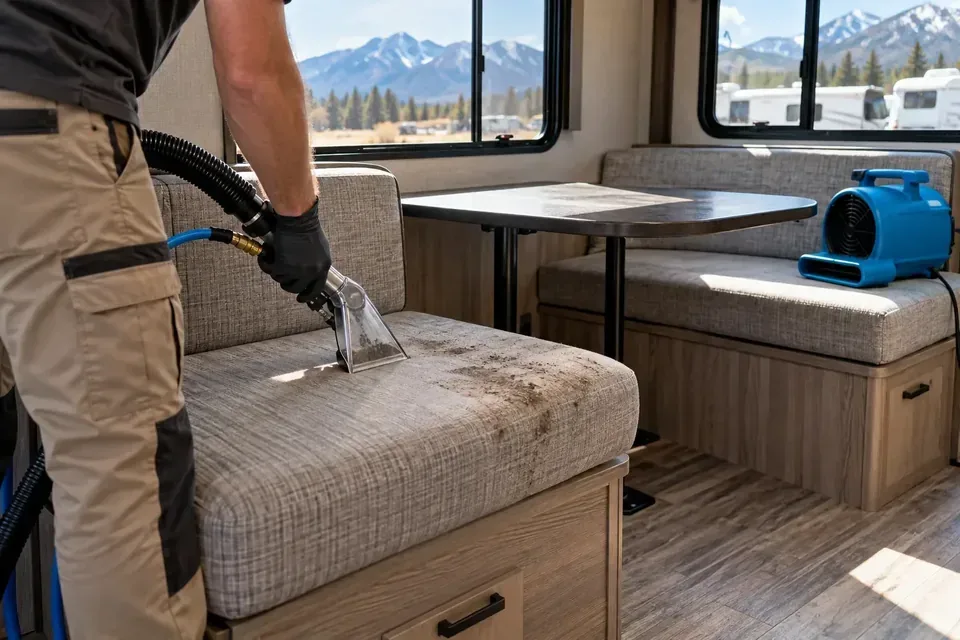 Technician extracting mud from an RV dinette cushion in Missoula