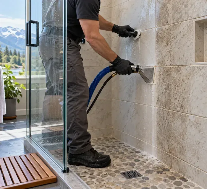 Technician removing mineral buildup from shower tile and grout in Missoula