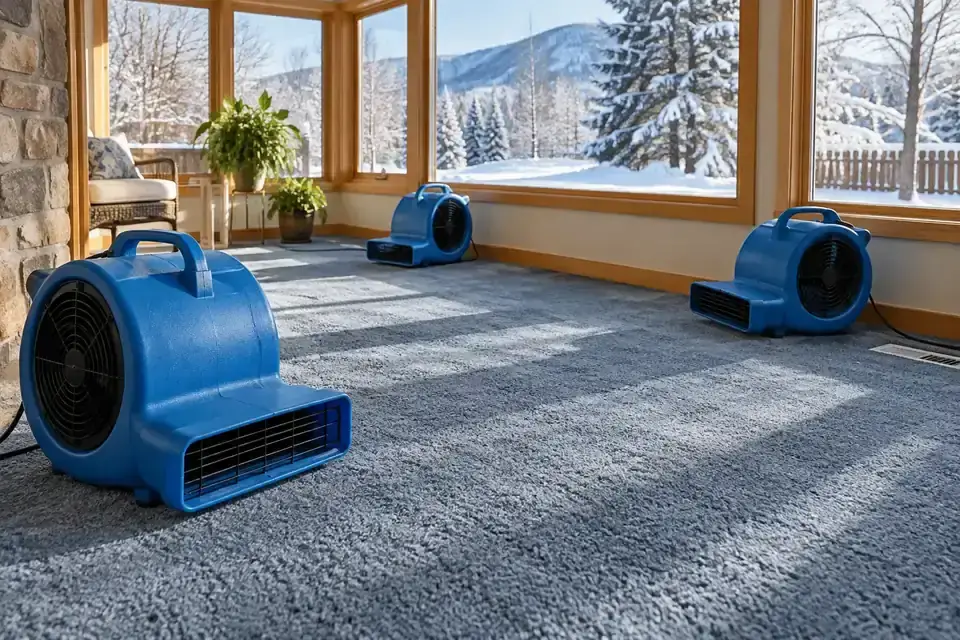 Air movers drying steam-cleaned carpet during a Missoula winter