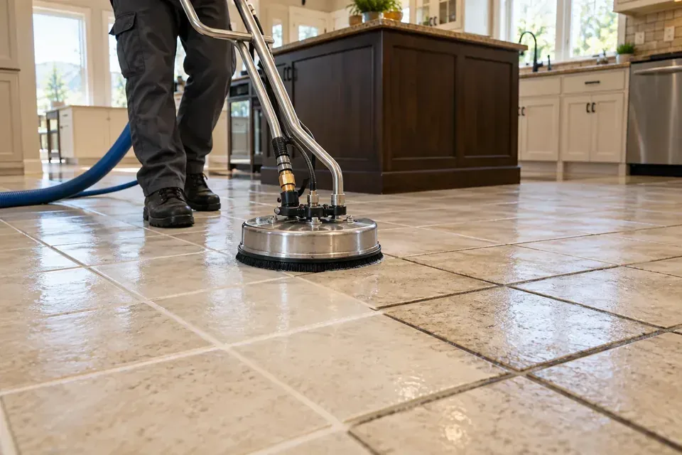 Technician cleaning tile and grout in a Missoula home entryway