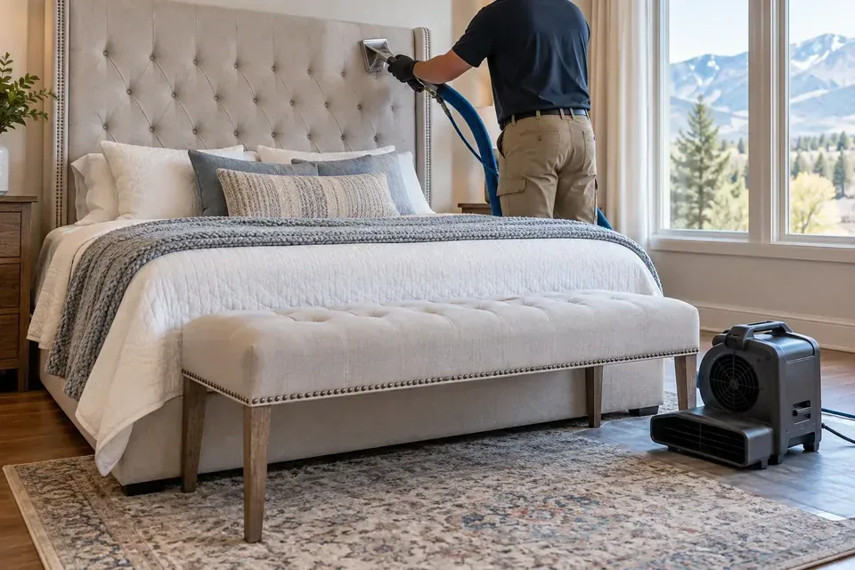 Technician cleaning an upholstered headboard with a low-moisture extraction tool
