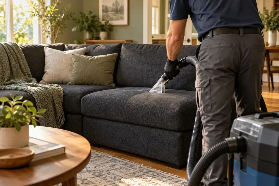 Technician deep cleaning a fabric sectional sofa in a Missoula home