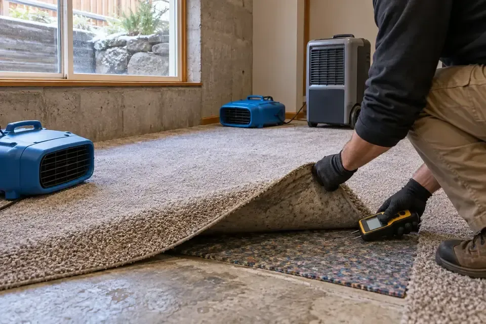 Technician checking wet carpet padding and drying snowmelt water damage