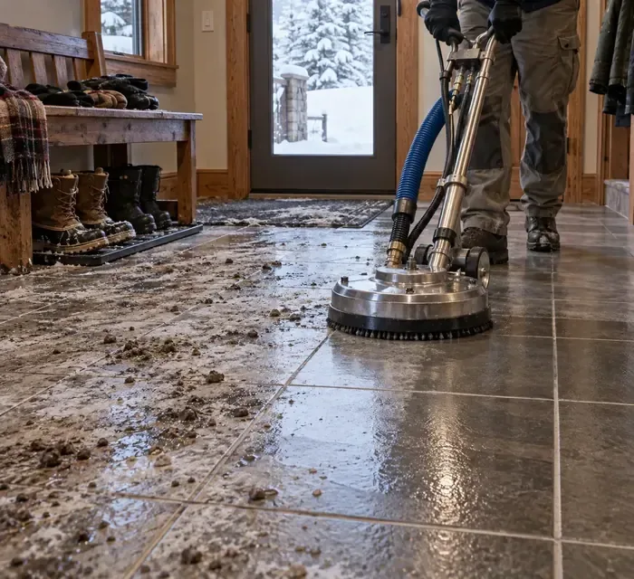 Rotary tile cleaning removes winter mud and ice-melt residue from a Missoula mudroom