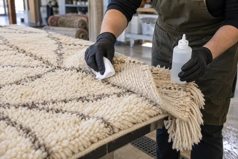 Technician performing a hidden-corner colorfastness test on a wool rug