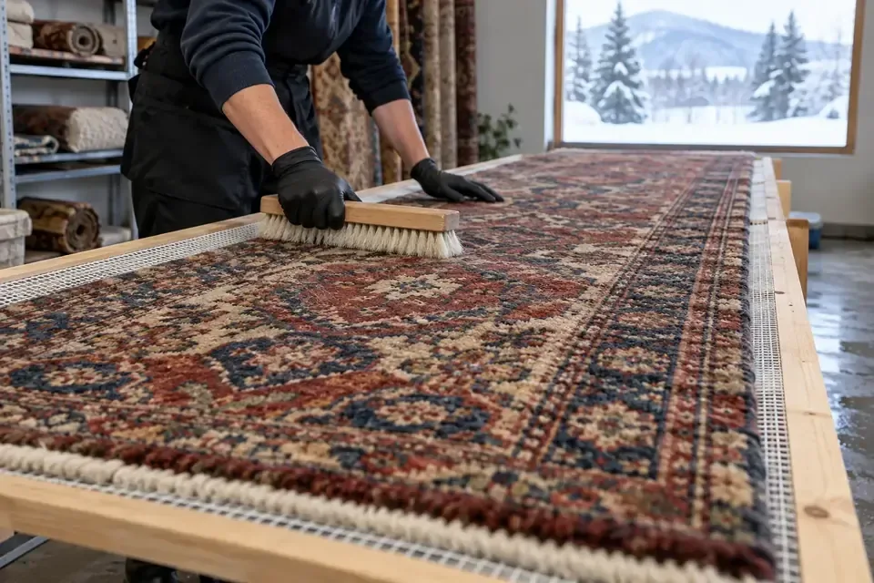 Wool runner drying flat after professional cleaning during a Missoula winter